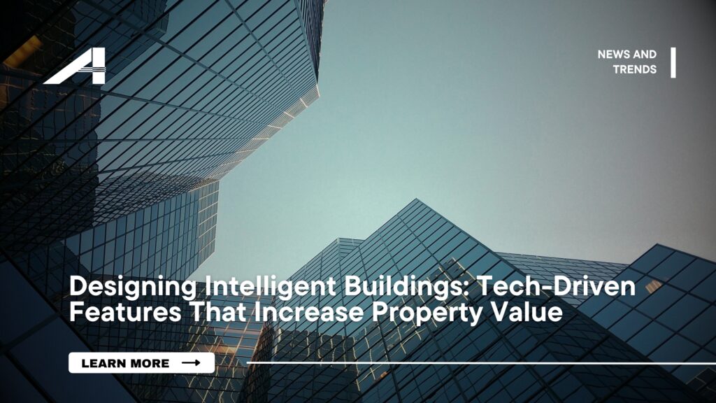 Interior of a smart commercial building with automated lighting and digital building management systems.