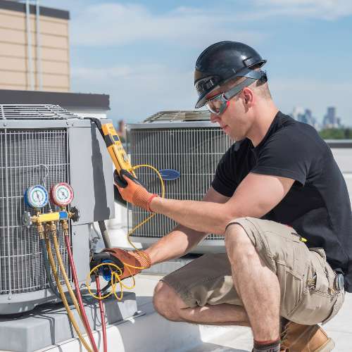 Digital interface of a building management system controlling HVAC settings.